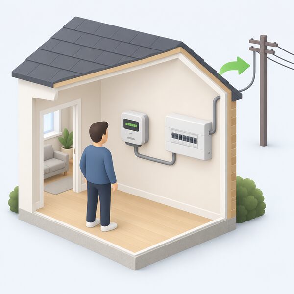 A wall-mounted smart electricity meter inside a home, shown in a simple cutaway with its supply cable running to the consumer unit and an outward arrow indicating electricity flowing from the house back to the grid, with a simplified figure glancing at its display.