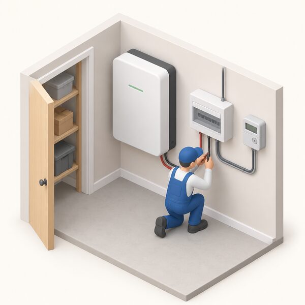A wall-mounted household battery storage unit installed indoors, shown in a simple cutaway of a utility room or cupboard, with its isometric installer figure tightening a connection where the unit's cabling runs to a consumer unit and a smart meter on the adjacent wall.