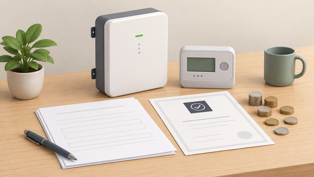 A small wall-mounted home battery unit and a smart meter sit on a table beside blank application paperwork, an MCS-style certificate sheet and a scatter of coins, representing a household applying for export payments for stored electricity.