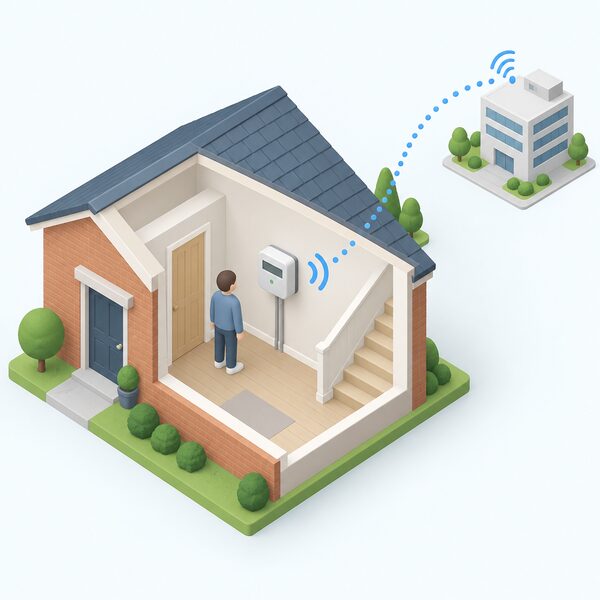 A simplified isometric view of a smart electricity meter mounted on an inside wall of a home, with a small figure nearby, and a signal shown travelling from the meter out of the house toward the provider to depict automatic half-hourly readings.