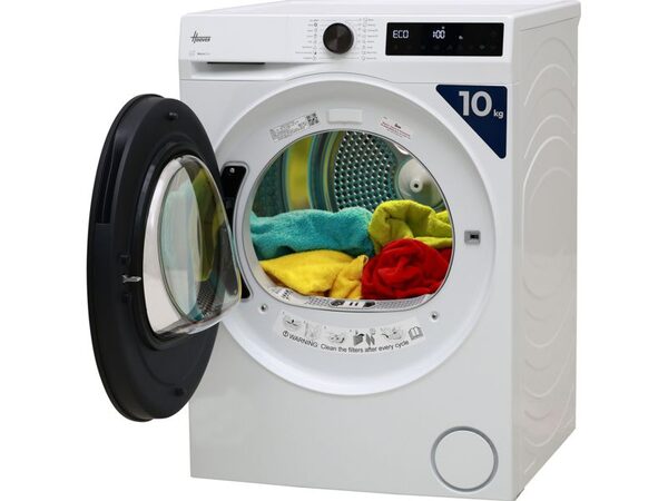 A white Hoover 10kg heat-pump tumble dryer with the door open and colourful towels inside the drum
