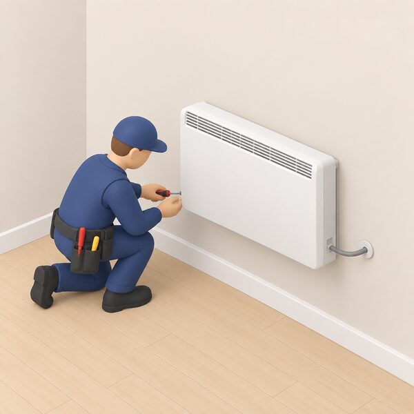 A qualified electrician fitting a modern storage heater hard-wired to the wall of a room, with the fixed supply cable running from the unit into the wall and no plug or socket.