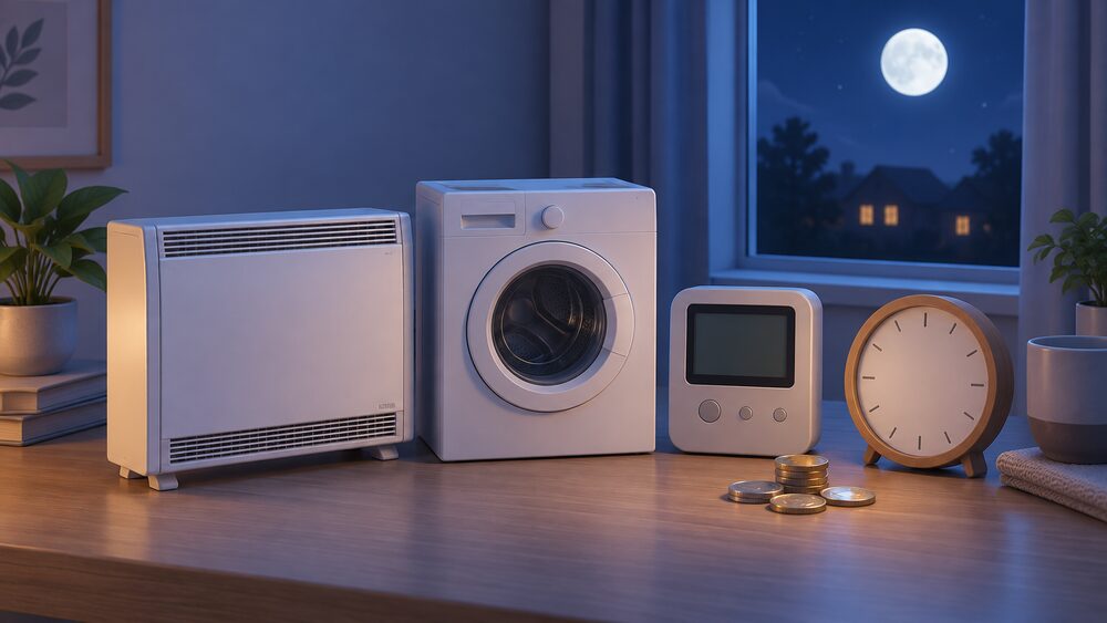 A moonlit tabletop arrangement showing a small model of a storage heater and a model washing machine beside a smart meter with a blank display, with a blank clock face and a few coins, representing shifting household electricity use into the cheap overnight window.