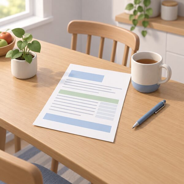 A household energy bill lying on a kitchen table, drawn as a physical document with its rate lines shown only as blank ruled lines and plain colour bands, beside a mug and a pen, with no readable words or figures anywhere on it.