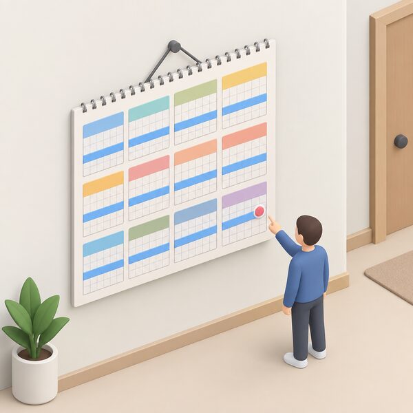 A wall calendar hanging in a home hallway with a twelve month span marked by a plain colour band running across its monthly grids, ending at a highlighted final date, with a small isometric figure standing beside it pointing at the marked end date.