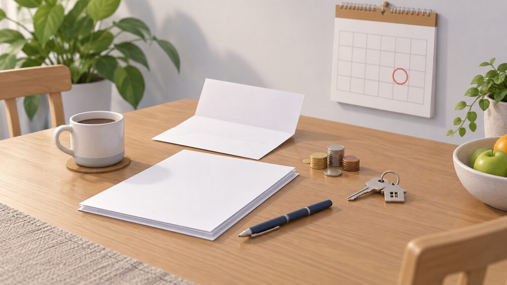 A kitchen table with blank contract paperwork and a blank letter lying open beside a wall calendar with one circled date, a small pile of coins, a house key and a pen, suggesting a household weighing up a fixed-term energy deal before signing.