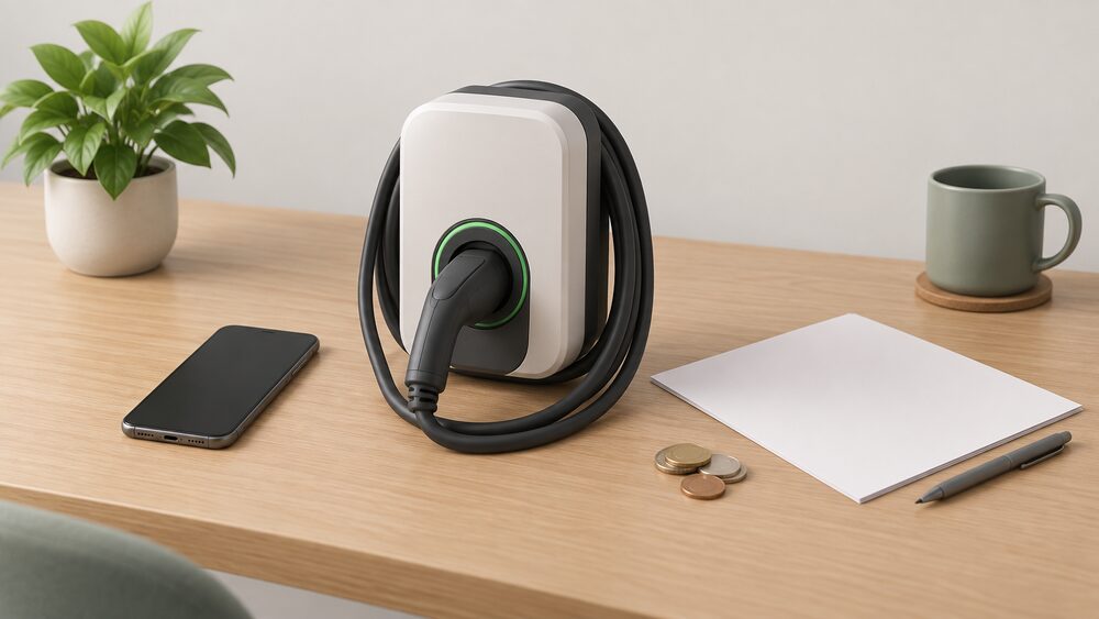 A small model of a wall-mounted EV chargepoint with its coiled charging cable sits on a table beside a smartphone with a blank screen, a few coins and a sheet of blank paperwork, representing a household signing up for a supplier-controlled smart charging tariff.