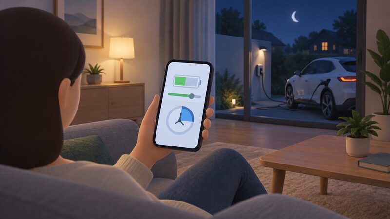 A hand holds a phone in a dim evening living room, its screen showing a simple charge-level slider and a ready-by clock face for the overnight EV session, with a charging cable visible leading toward a car outside a window.