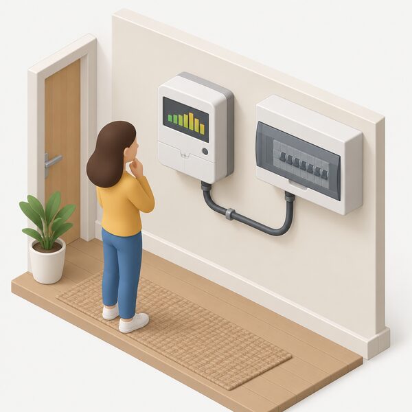 A smart electricity meter mounted on an interior wall of a home, connected by a cable to the household consumer unit, with a small isometric figure standing beside it looking at the meter's display, which shows plain colour bands indicating half-hourly export readings with no readable figures.