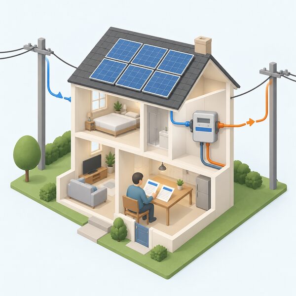A cutaway house with rooftop solar panels where a single electricity meter connects to both an incoming grid supply cable and an export cable back to the grid, with two matching documents from the same supplier, shown with identical plain colour bands, one for import and one for export, lying on a table inside.