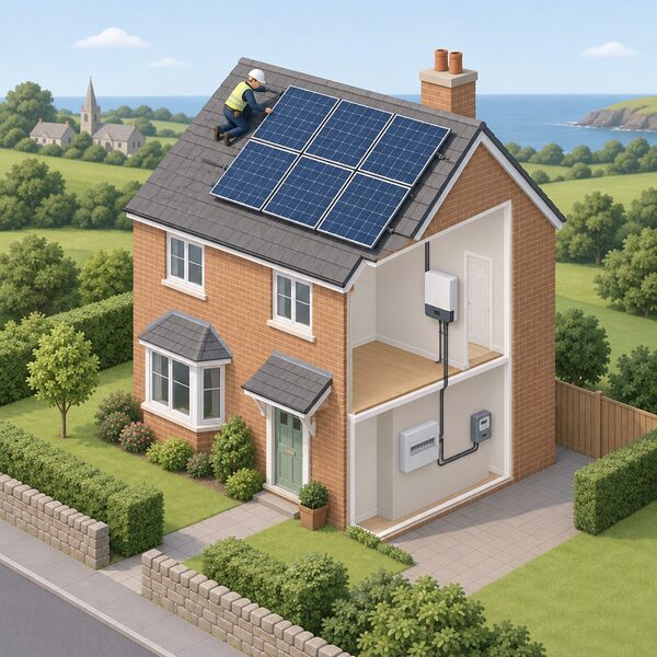 A modest British house with rooftop solar panels and a small inverter connected to the household electrics, set in a simple Great Britain landscape, with a simplified isometric figure of an installer on the roof securing a panel.