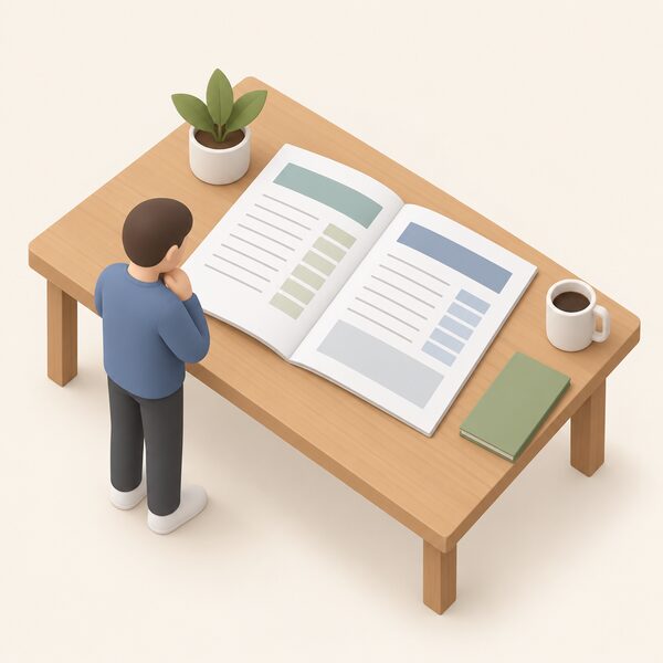 A printed SEG annual report lying open on a table, its pages showing plain colour blocks and blank lines where payment figures to generators would appear, with a small isometric figure standing beside it reading the document.