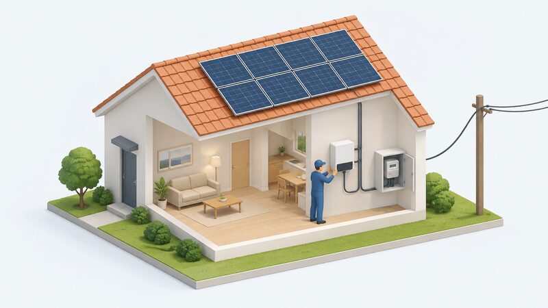 A small isometric house with a rooftop solar PV array, an inverter on an inside wall connected to the panels, and a smart meter in a cabinet linked toward the electricity supply, with a simplified installer figure working at the inverter.
