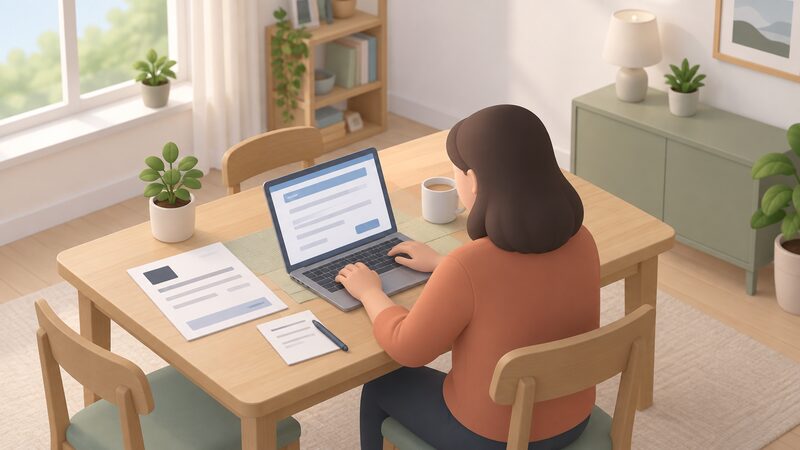 A householder at a table at home completing an online SEG application on a laptop, with a printed MCS certificate and a note of a smart meter reading to hand.