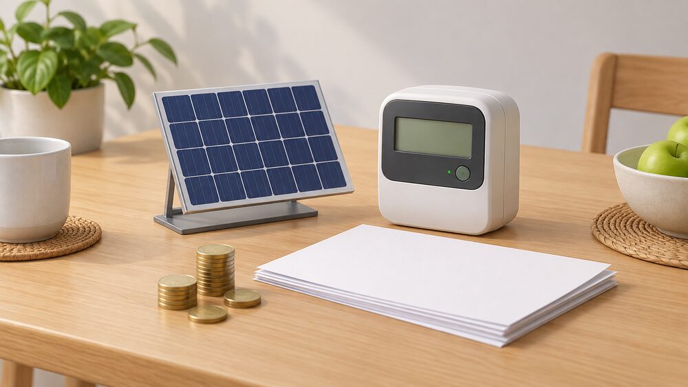 A small model of a rooftop solar panel stands beside a smart electricity meter and a stack of blank paperwork with a few coins on a kitchen table, representing a household being paid for exported electricity.