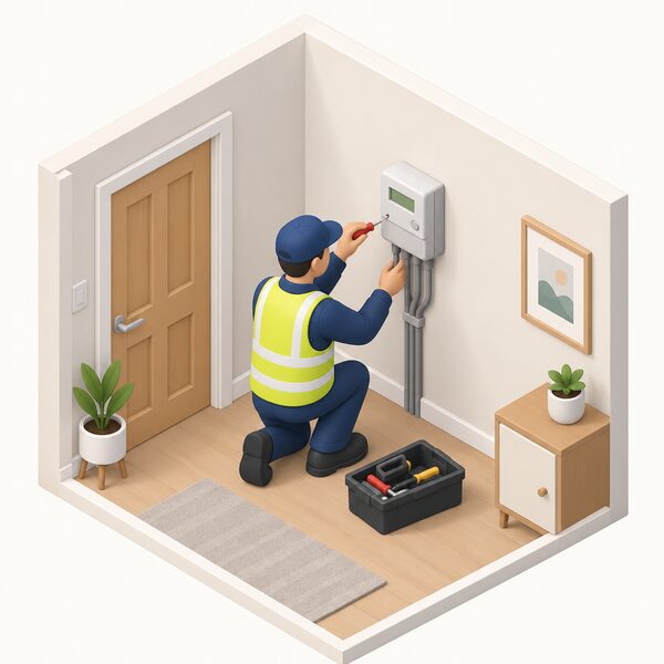 A supplier's installer fitting a smart electricity meter on an inside wall of a home, shown as a compact isometric scene with the meter mounted on the interior wall surface and the installer at work beside it.