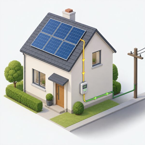A house with solar panels on its roof and a smart meter on an outside wall, with a simplified cable path from the panels down to the meter and onward to the grid supply, showing the meter monitoring exported electricity.