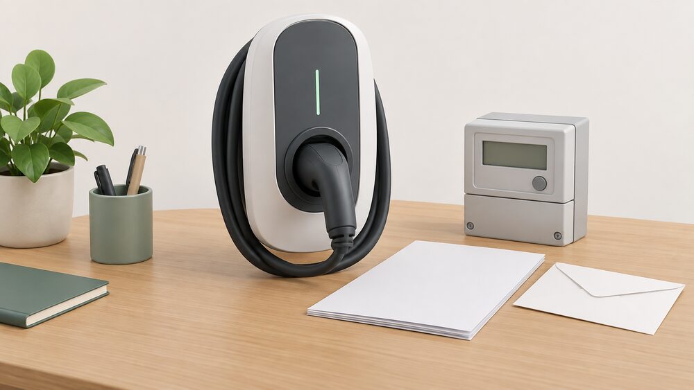 A small model of a wall-mounted electric car charger stands on a table beside blank paperwork and a plain envelope, with a compact electricity meter box with a blank display face placed behind the papers.