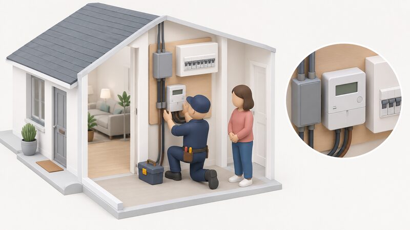 An engineer in plain work clothing fitting a smart electricity meter inside a domestic consumer unit area beside the incoming supply, with the simplified householder nearby, showing the installation arranged through the energy supplier.