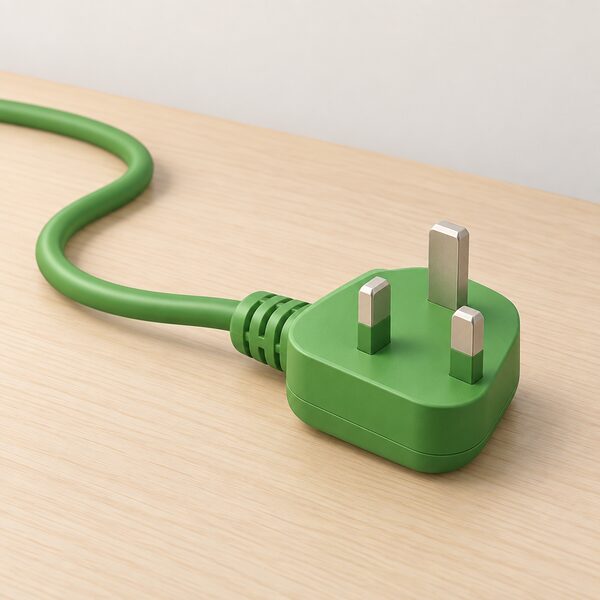 A simple green three-pin plug with its cable lying on a plain household surface, the plug body coloured green to represent a renewable electricity supply plan, with no text, numbers or branding anywhere in the scene.