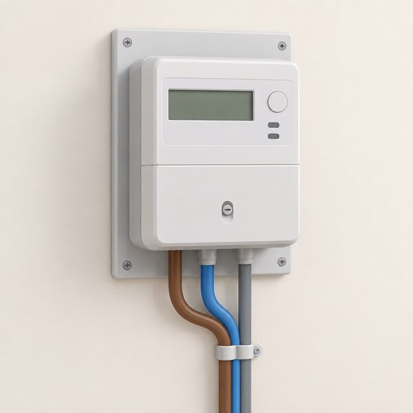 A domestic electricity meter mounted on an inside wall of a home, shown as a simple metering point on the wall with its cabling, the billing point behind a standard variable tariff, with no other equipment or people in the scene.