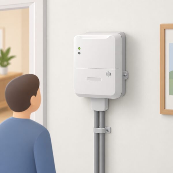 A compact smart metering device mounted on an interior wall of a home, with its metering electronics and communications unit shown as one fitted unit, no in-home display present, conveying that this wall-mounted meter is the equipment that measures energy and reports readings to the supplier.