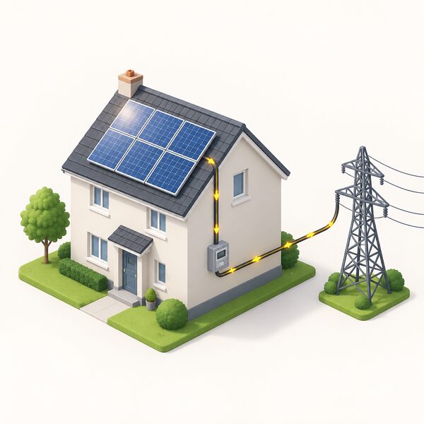 A small isometric house with solar panels on its pitched roof, a cable running down the wall to a meter box and on to a simple pylon and wires representing the grid connection, showing generation being exported.