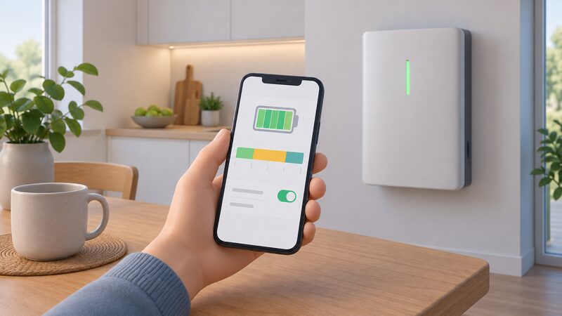A hand holding a smartphone showing the manufacturer's battery app, with a plain colour-banded schedule strip marking cheap-rate charging windows and peak discharge windows, and a toggle to disable the schedule, set on a kitchen table beside a wall-mounted home battery.