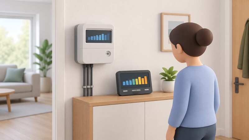 A smart meter on a wall with its in-home display beside it, both shown as physical objects whose screens carry plain colour bands and blank blocks to represent half-hourly electricity readings, with a simplified figure glancing at the display.