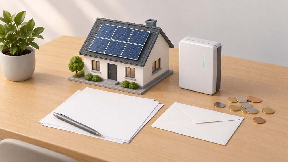 A small model of a house roof with solar panels stands beside a compact wall-mounted battery model on a table, arranged with blank paperwork, a plain envelope and a scatter of coins to suggest choosing an export tariff for a solar and battery home.