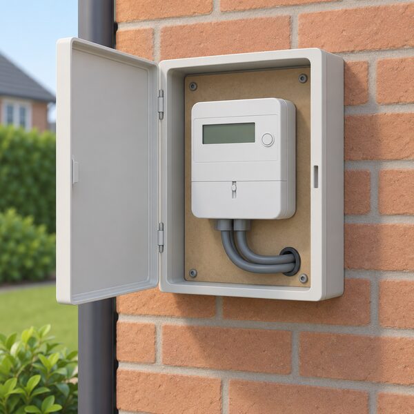 A single domestic 24hr electricity meter mounted in its box on the outside wall of a house, with the meter tail connecting into the wall and a plain digital display, drawn as a simple close-up exterior scene with no people.