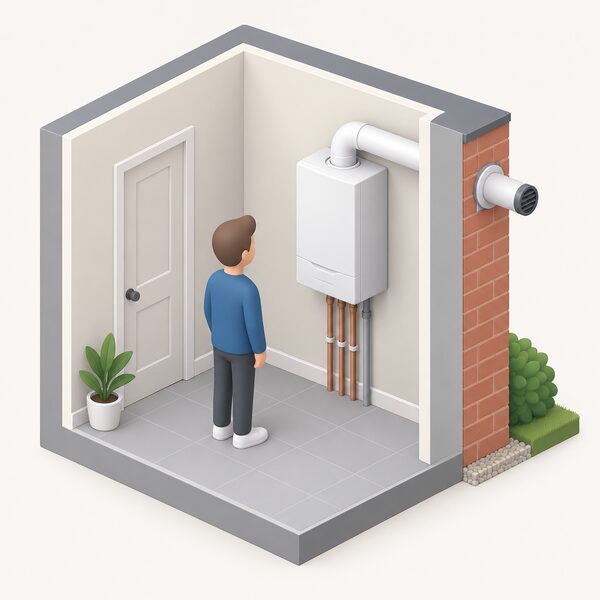 A wall-mounted domestic gas boiler inside a home, seen in cutaway with its horizontal flue pipe passing through the external wall to a terminal outside, with a small isometric figure standing beside it.