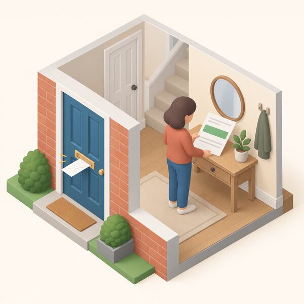 A simplified isometric home with an envelope arriving through the letterbox, and inside on a hall table an opened energy bill sheet showing a plain colour band for the welcome credit with blank lines for the rest.