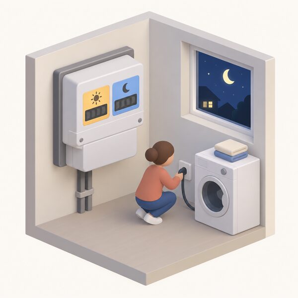 A simplified isometric view of an Economy 7 electricity meter mounted on a wall inside a home, with two distinct rate registers shown as plain blocks, and a small figure nearby plugging in an appliance at night to shift load into the cheaper night window.