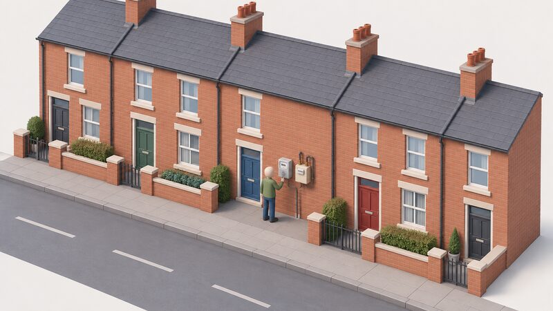 A row of Northern Irish terraced houses seen from the street, with a small isometric figure checking an electricity meter and a gas meter mounted side by side on the exterior brick wall of one house.