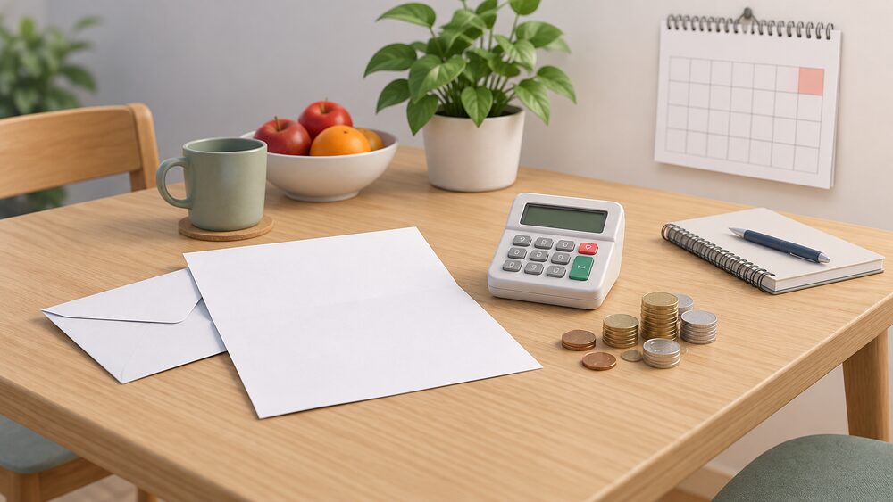 A kitchen table with a blank energy bill and envelope, a small prepayment keypad, a pile of coins and a wall calendar, representing a household weighing up tariff price rises and fixed-term discounts.