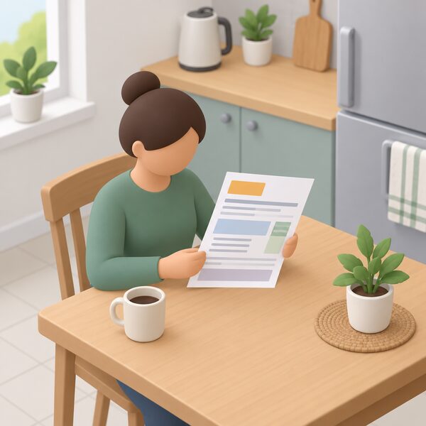 A paper energy bill lying on a kitchen table in a home, held by a simplified figure reading it, with its tariff details shown only as blank lines and plain colour blocks so no words or figures are readable.