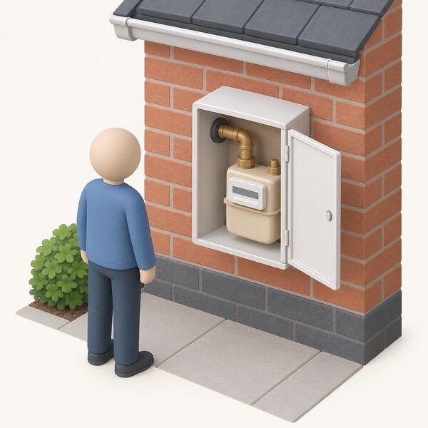 A domestic gas meter in its housing box mounted on the outside brick wall of a house, with the inlet pipe entering the wall and a small simplified figure standing beside it looking at the meter, shown as a plain physical object with no readable markings.