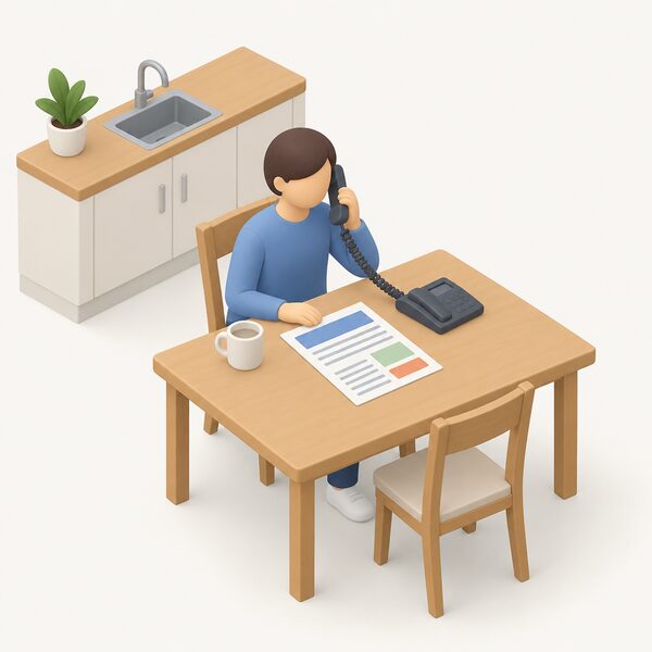 A householder at a kitchen table telephoning the supplier, with an energy bill laid flat beside the phone showing the complaints procedure as blank lines and plain colour blocks, no readable text.