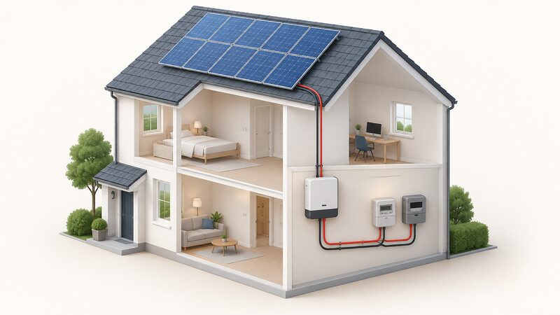 A cutaway house view showing rooftop solar panels with cables running down to an inverter mounted on an internal wall, then onward to a smart meter and an export meter, illustrating how metered export links the installation to tariff payments.
