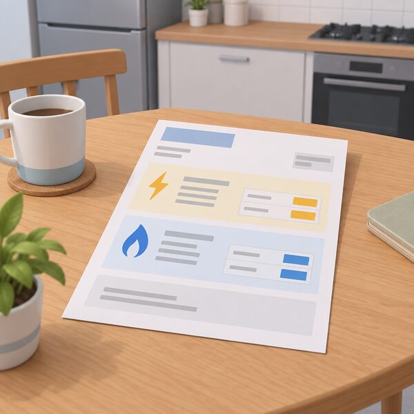 A paper household energy bill lying on a kitchen table, its layout showing a unit rate line and a separate daily standing charge line for a dual-fuel home on a default tariff, with the figures rendered only as blank lines and plain blocks so nothing is readable.