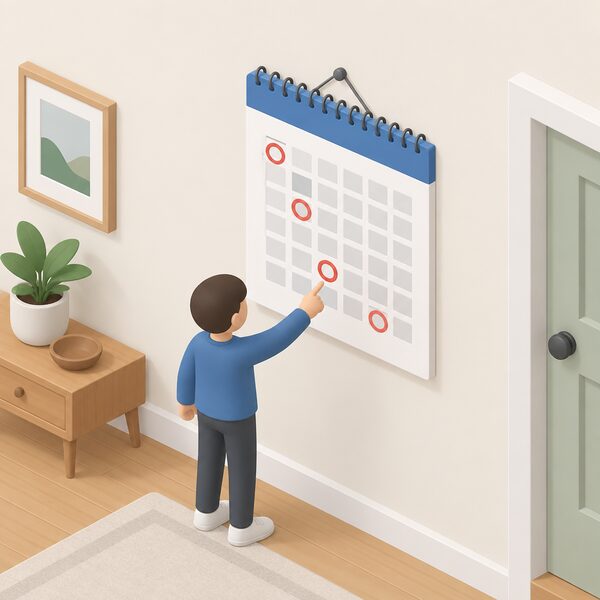 A wall calendar hanging in a domestic hallway with four quarterly dates ringed in a different colour, each ringed date sitting at the start of a quarter, and a small isometric figure standing beside it pointing at the next ringed date.