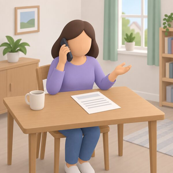 A simplified householder sits at a table in their home holding a phone to their ear, making the first complaint call to their energy supplier, with the price rise notice letter lying on the table beside them shown only with blank lines.