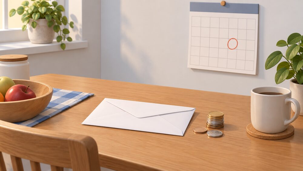 A sealed white envelope lying on a kitchen table beside a wall calendar with a circled date and a small stack of coins, the moment a household receives advance notice of an energy price rise.