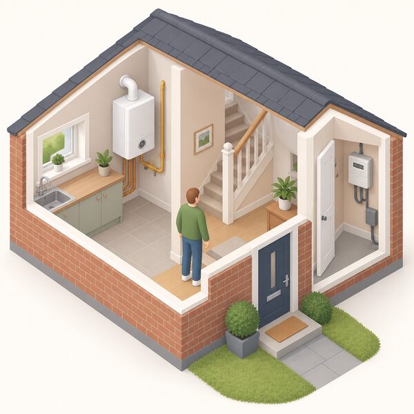 A cutaway domestic home scene showing a wall-mounted gas boiler on an inside wall connected to a gas pipe, with a domestic electricity meter in a separate corner of the home, both shown together as the two fuels of one dual fuel fixed contract.