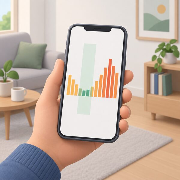A hand holding a smartphone in a home setting, its screen showing a simple bar chart of electricity prices that vary across the day, with a plain colour band marking a cheap period, drawn as a physical object with no readable words or numbers.