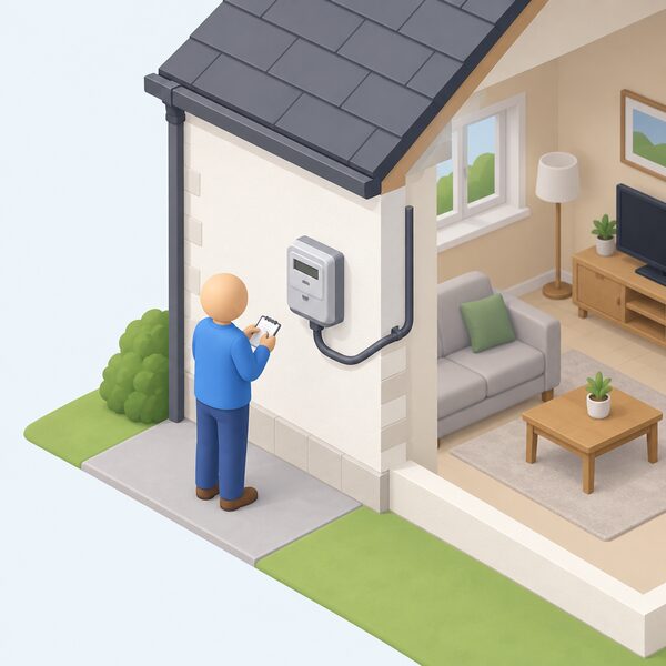A simplified isometric figure stands at the electricity meter on an outside wall of a home, writing the reading on a notepad, with the meter connected by a cable into the house and no pipes or cables being altered.