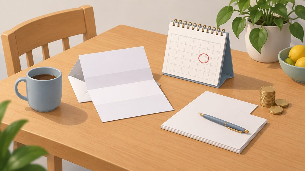 A kitchen table with a blank letter from an energy supplier lying open beside a wall calendar with one date circled, a pen resting on blank paperwork, and a small stack of coins set to one side.