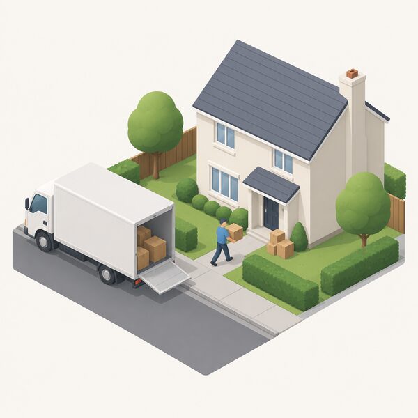 A removal van parked at the kerb outside a detached house in a new neighbourhood, with a small isometric figure carrying a box toward the front door, showing a household relocating to a different region.