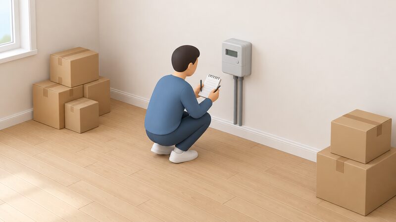 A simplified isometric householder crouching to read a wall-mounted electricity meter in an empty room with bare floorboards, moving boxes stacked nearby, holding a notepad with blank lines to record the reading during a house move.